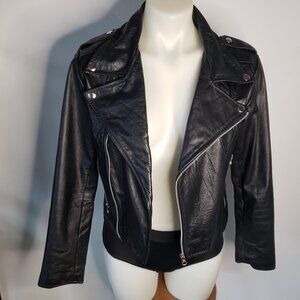 Black Leather Motorcycle Moto Biker Jacket